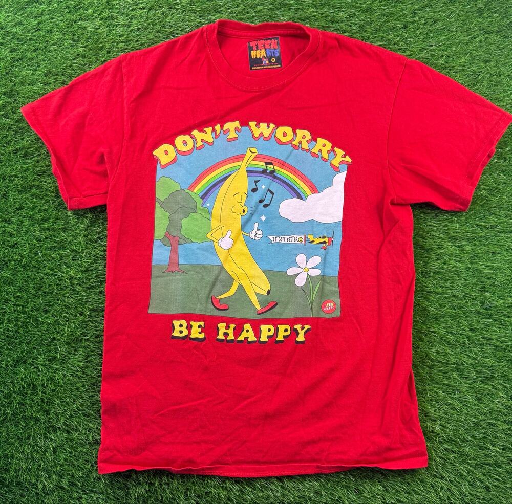 Teen Hearts Shirt Mens Medium M Red Dont Worry Be Happy Banana Graphic T-Shirt